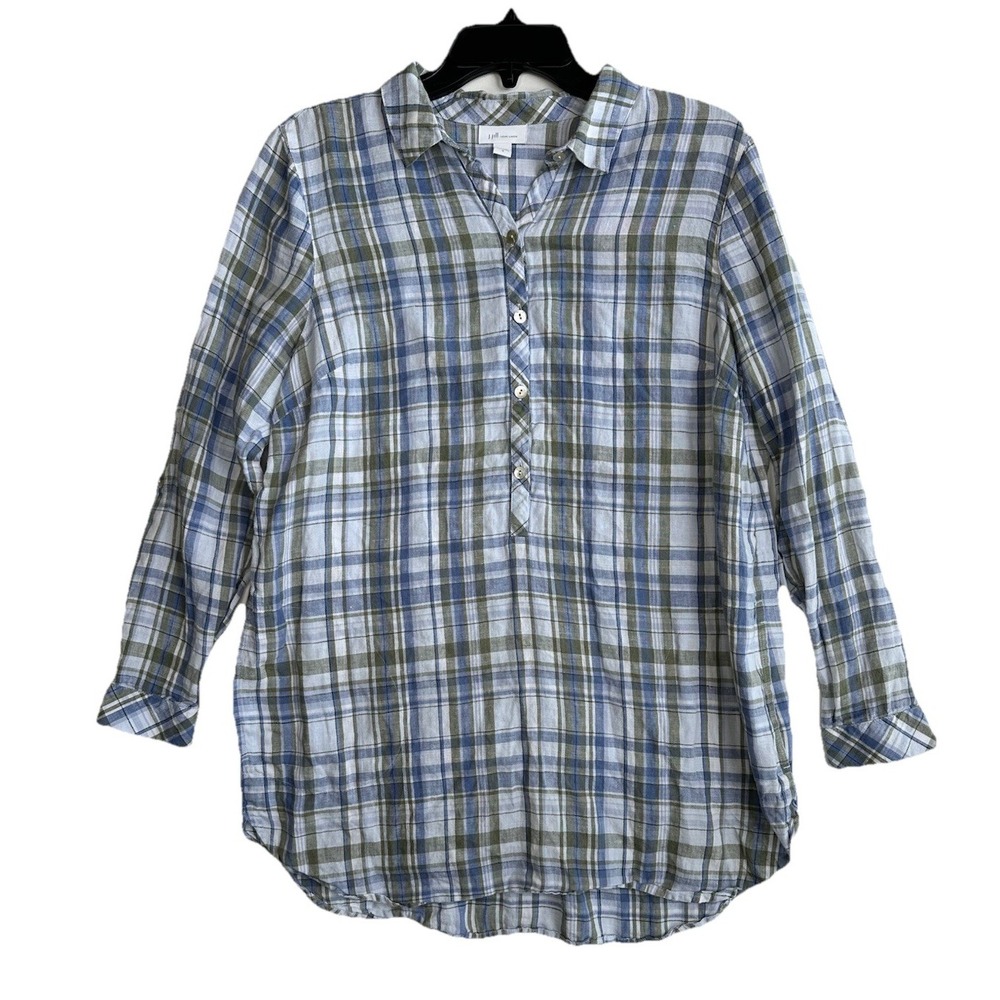 J Jill Love Linen Top Womens Size M Long‎ Sleeve Plaid Button Popover Lagenlook